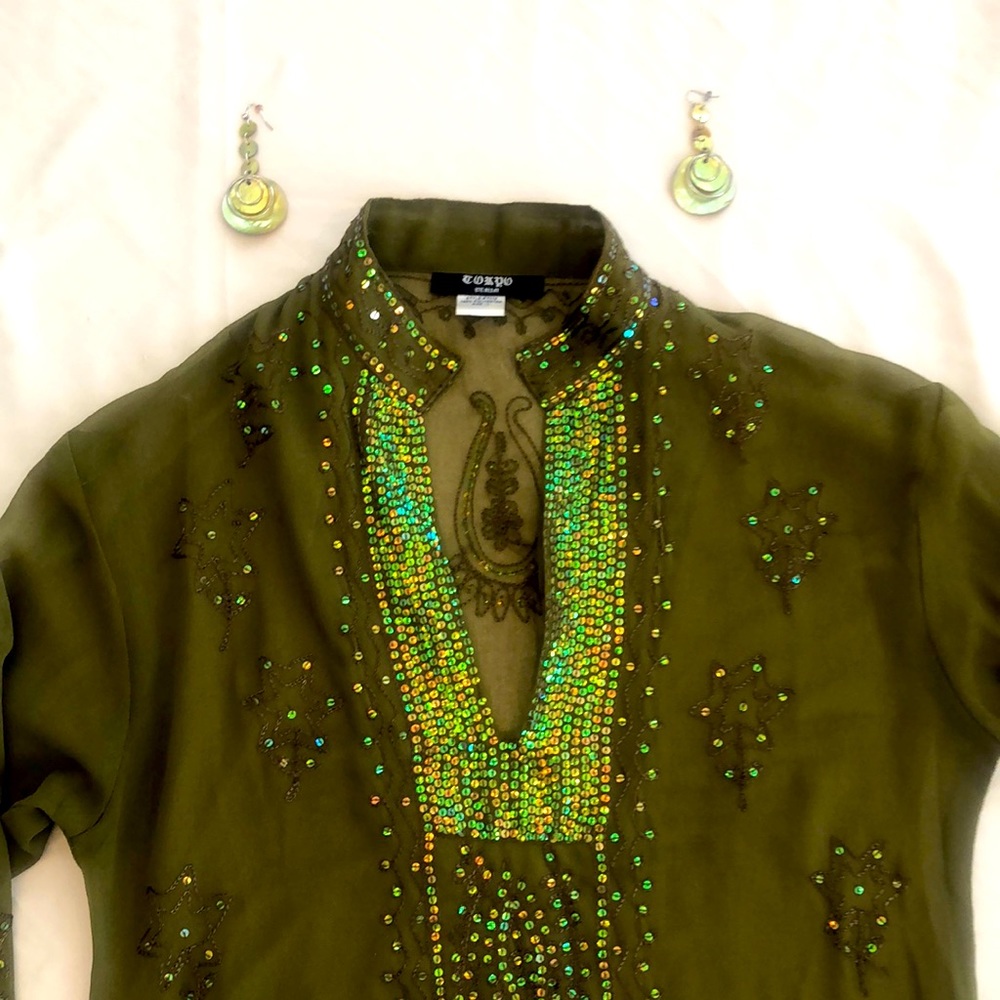 Sequined forrest green tunic top